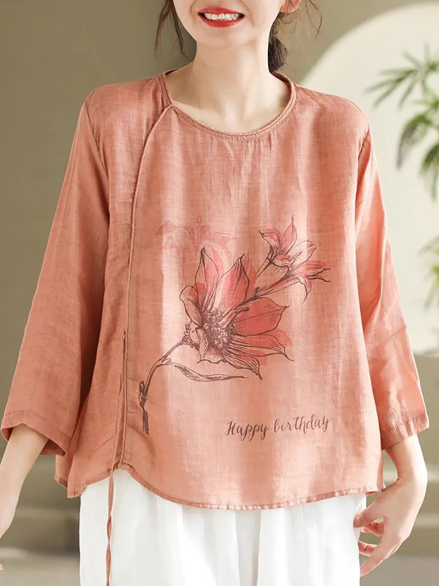 Women Spring Flower Vintage Strap Ramie Blouse KL1039