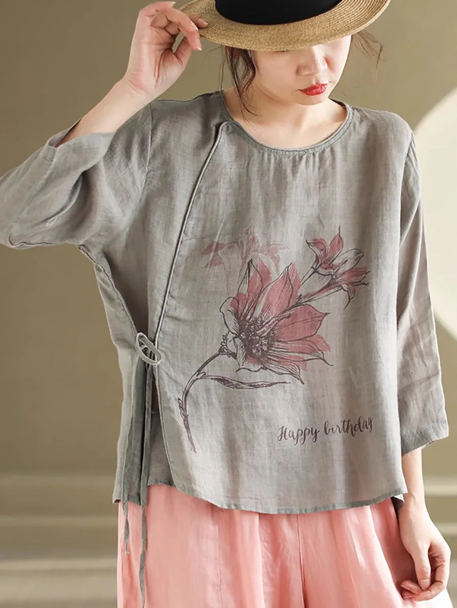 Women Spring Flower Vintage Strap Ramie Blouse KL1039