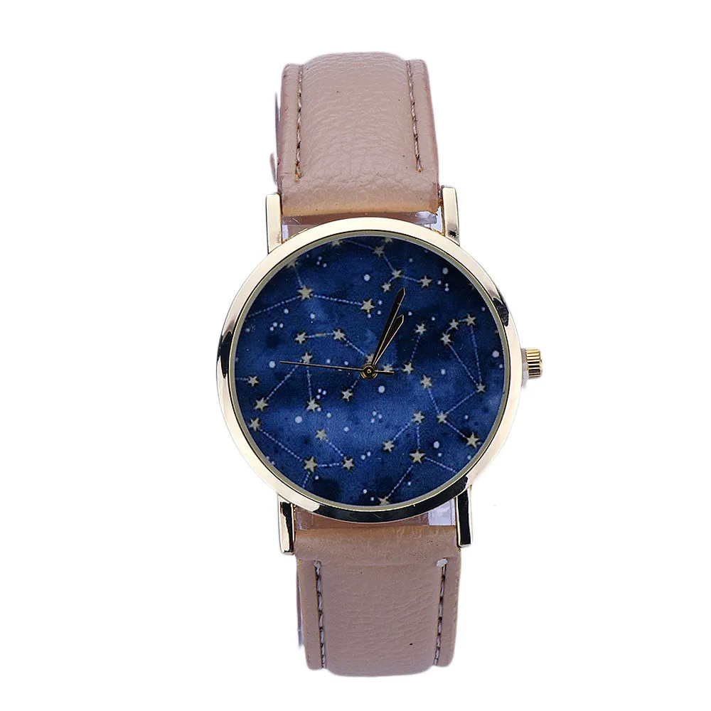 Women Star Pattern Dress Watch Vintage Girls Boys Printed Montre Leather Analog Quartz Bracelet Hour