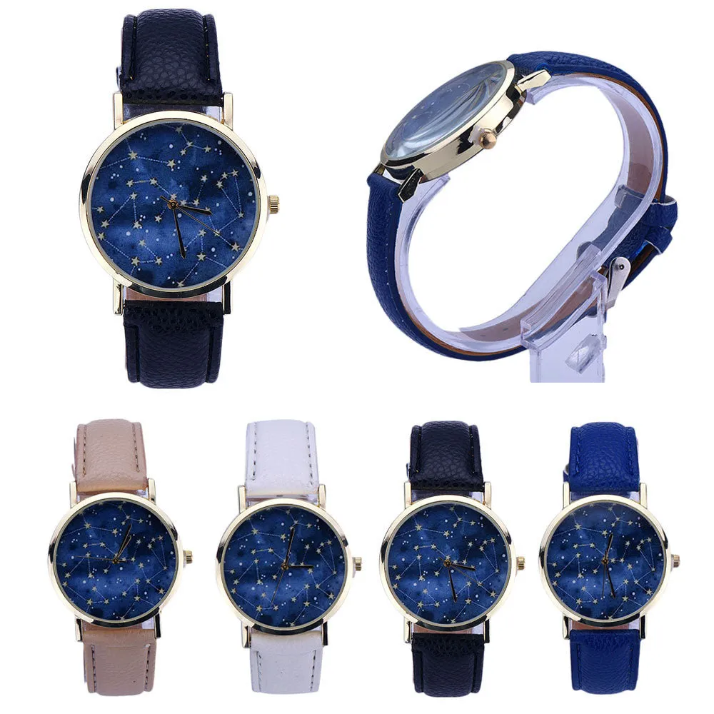 Women Star Pattern Dress Watch Vintage Girls Boys Printed Montre Leather Analog Quartz Bracelet Hour