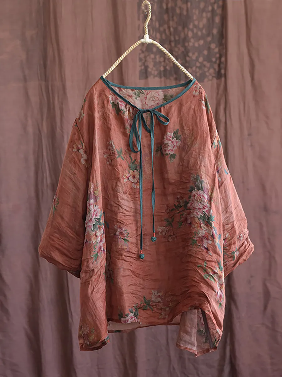 Women Vintage Floral Spring Strap Linen Blouse CO1036