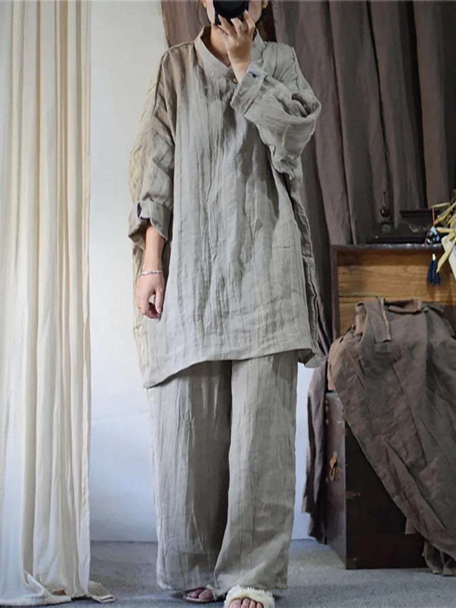 Women Vintage Solid Linen Loose Long Blouse KL1033