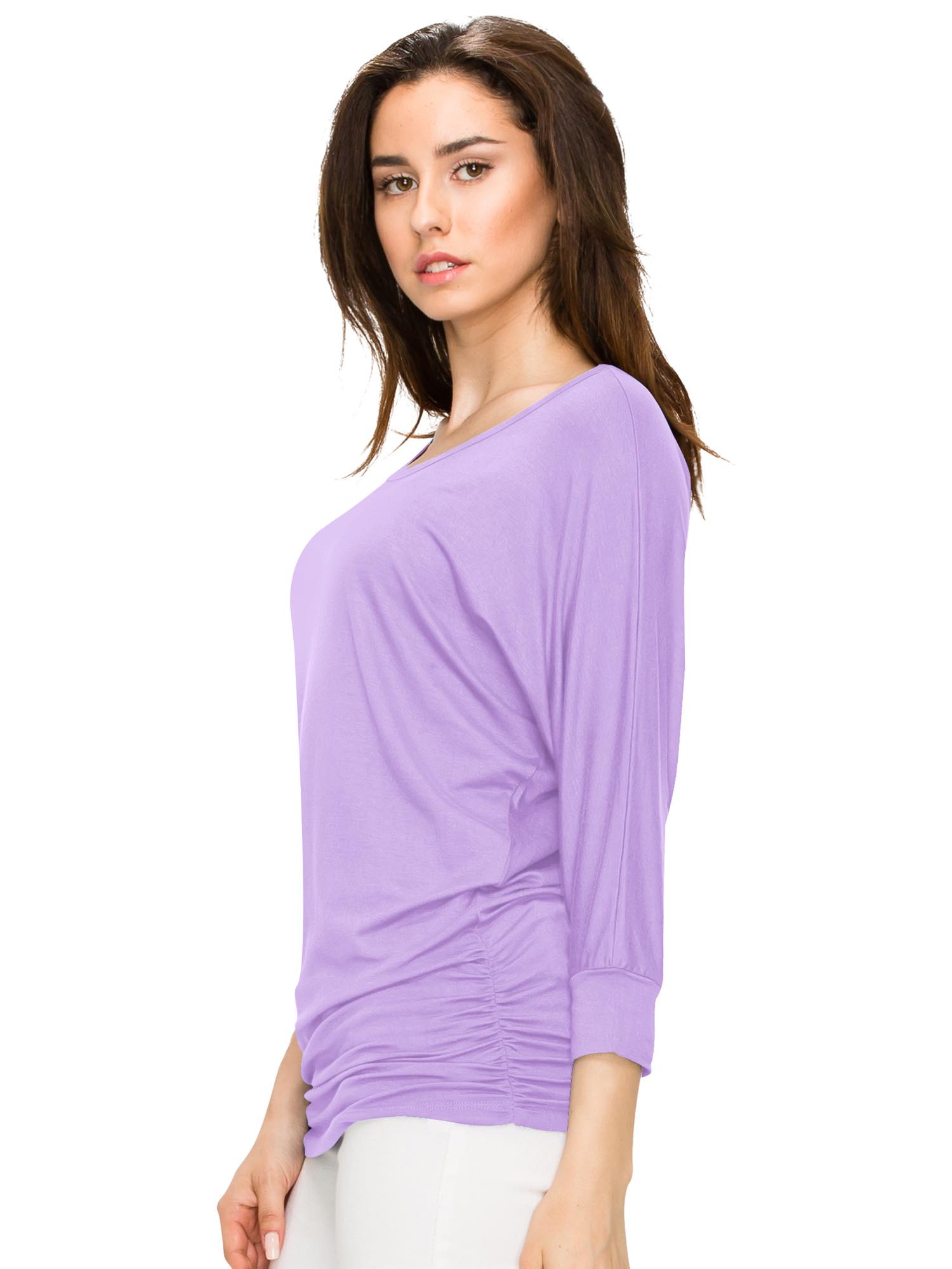 Women's Crew Neck 3/4 Sleeve Drape Dolman Top with Side Shirring