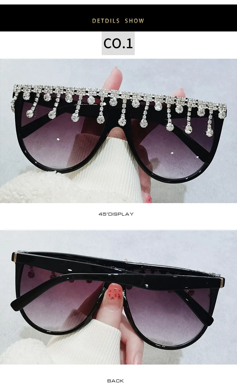 Women's Designer Fashion Tassel Oversized Rhinestone Flat Top Sunglasses