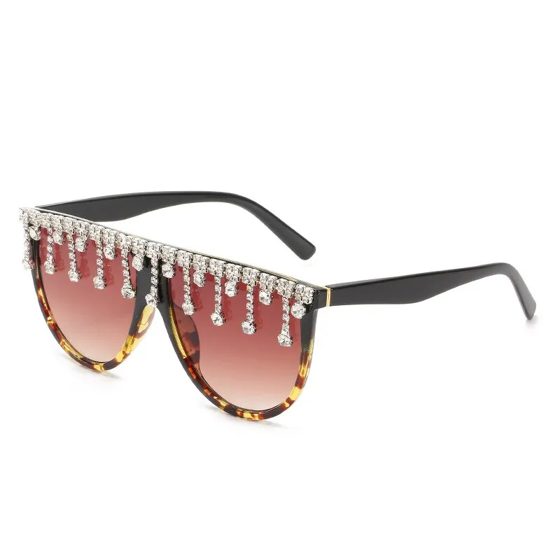 Women's Designer Fashion Tassel Oversized Rhinestone Flat Top Sunglasses