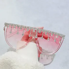 Women's Designer Fashion Tassel Oversized Rhinestone Flat Top Sunglasses