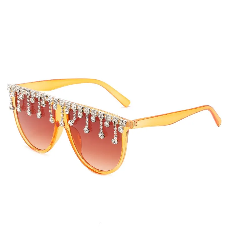 Women's Designer Fashion Tassel Oversized Rhinestone Flat Top Sunglasses