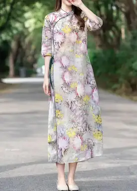 Yellow Lace Up Print Linen Dress Stand Collar Half Sleeve CG1009